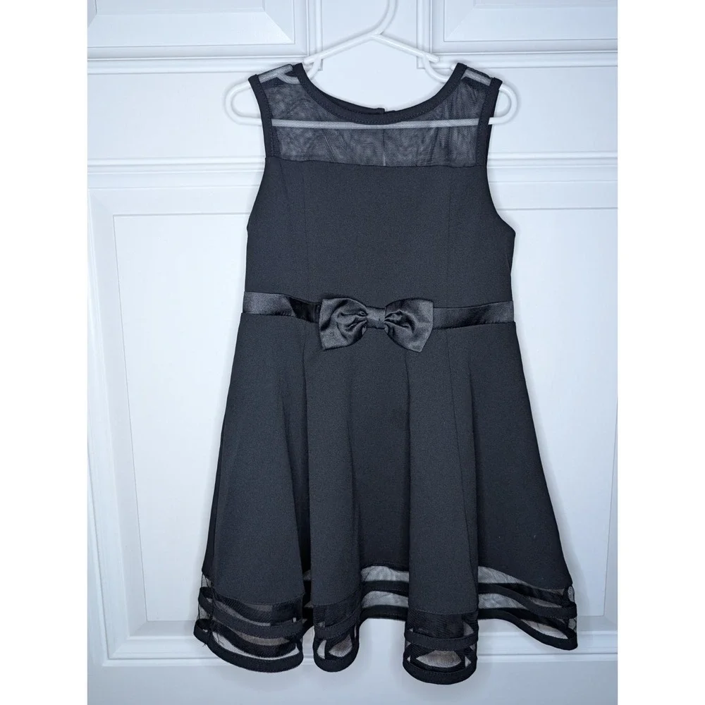 Calvin Klein Little Girls Illusion Mesh Bow Black Sleeveless Dress Size 6X Party
